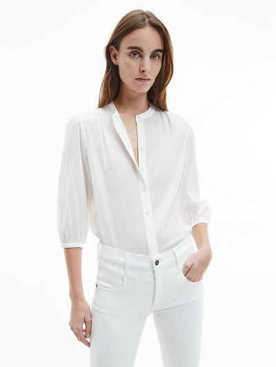 Calvin Klein Ruhák HU384205 | Calvin Klein Textured Cotton Női Blúz Világos Fehér